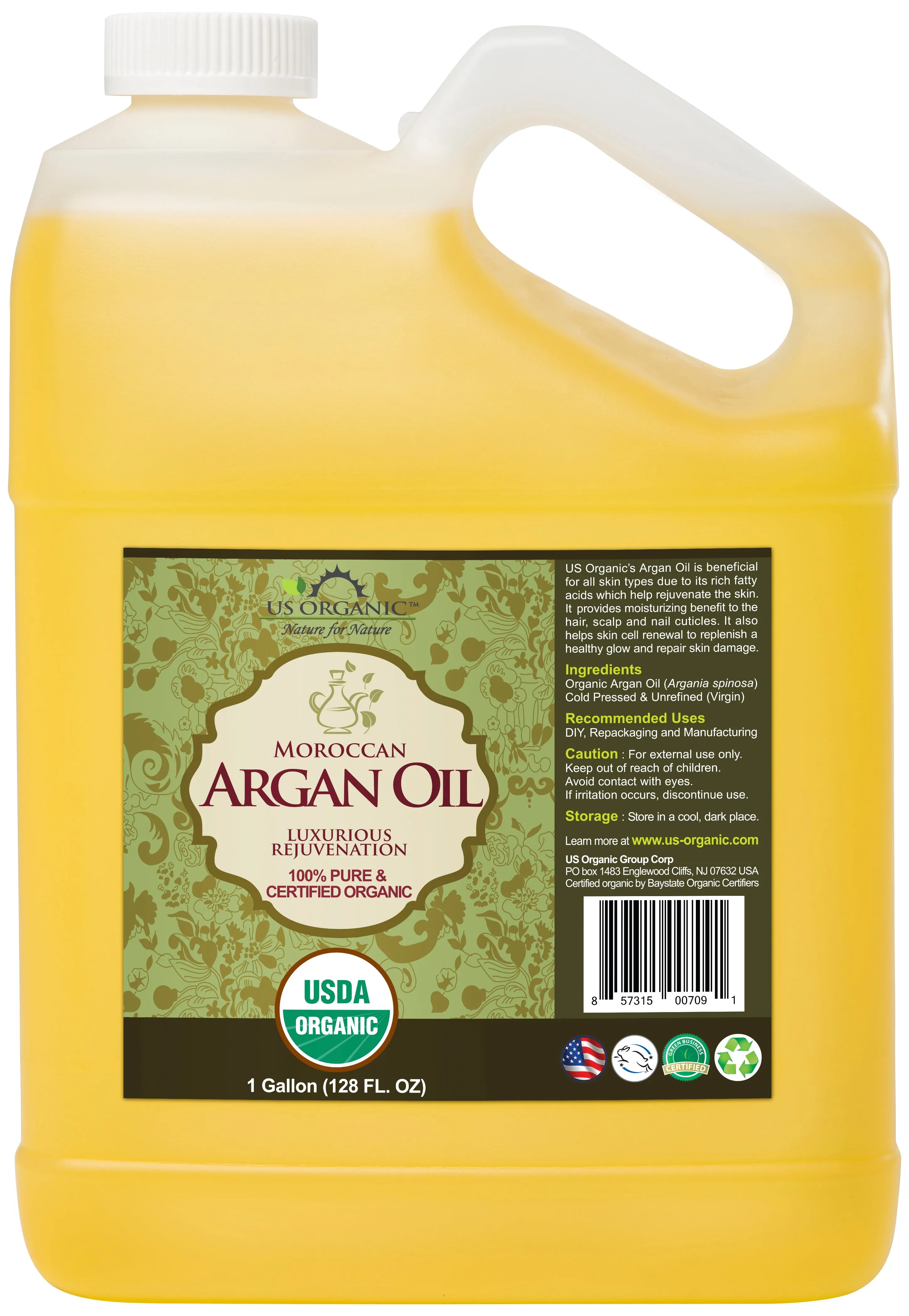 US Organic Moroccan Argan Oil, 100% Pure Certified USDA Organic, 128 oz (1 Gallon)