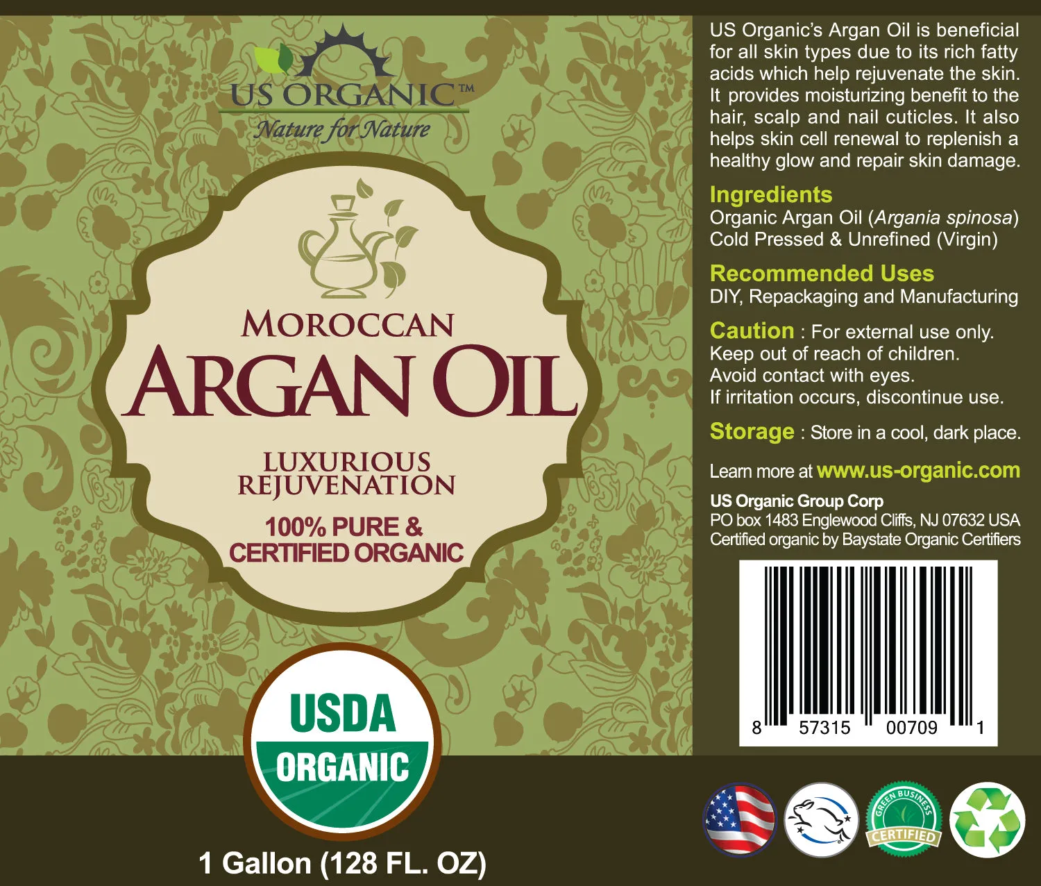 US Organic Moroccan Argan Oil, 100% Pure Certified USDA Organic, 128 oz (1 Gallon)